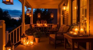 Lanterns adding soft light to porch