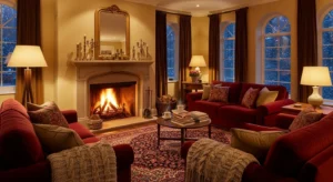 Warm lighting enhancing fireplace glow