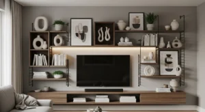 Open shelving adding style to TV wall