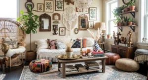 Boho living room with vintage and thrifted decor