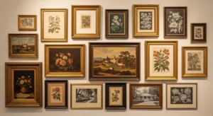 Vintage gallery wall with framed art adding personality to living room