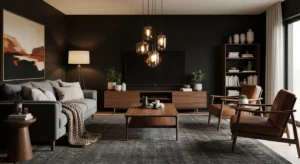 Black and wood combination creating warm balanced living room