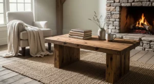 Rustic coffee table anchoring farmhouse living room design