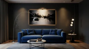 Blue sofa with dark accent wall creating bold living room design