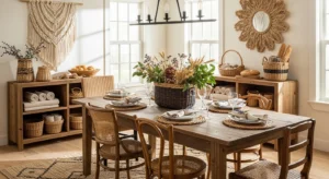 Woven textures adding warmth to farmhouse dining room
