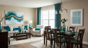 Shared accent color tying together living and dining space
