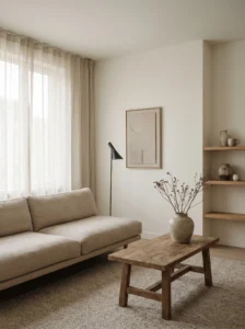 Minimal Japandi living room with functional decor and clutter-free surfaces