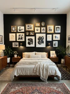 Black accent wall with gallery art frames in a modern bedroom