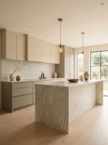 Neutral kitchen cabinets in soft beige and greige tones