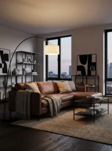 Brown and black modern living room with sleek contrast and minimalist design