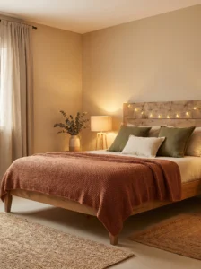 Neutral bedroom with earthy tones like terracotta and olive for warmth