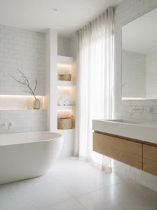 All white minimalist bathroom with clean and bright aesthetic