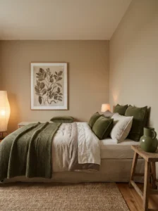 Clay beige bedroom with subtle olive tones and minimal decor