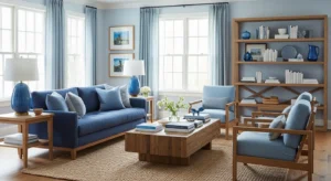 Blue and wood combination in living room