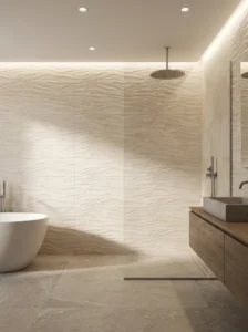 Textured wall tiles in shower adding depth and modern design detail