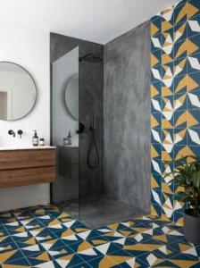 Bathroom with bold geometric tile patterns modern design