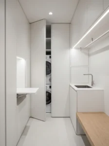 Floor-to-ceiling cabinets maximizing storage in small laundry room