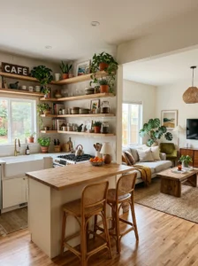 Open shelving connecting kitchen and living area