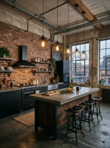 Industrial cage pendant lights over kitchen island with modern loft style
