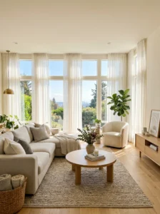 Living room with natural sunlight and sheer curtains creating a bright airy feel