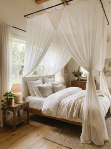 Teen bed with soft canopy drapes creating a cozy and dreamy space