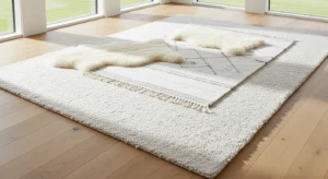 White living room with layered rugs creating depth and texture.