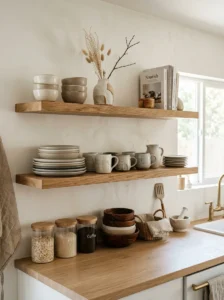 Open shelving kitchen styling ideas with neutral decor