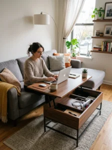 Lift top coffee table used as desk in small living room