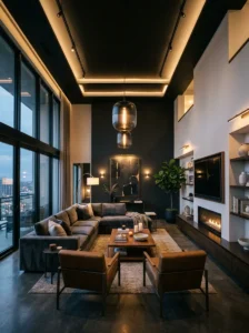Dark living room with layered textures, velvet pillows, knit throws, dark color palette, cozy styling, modern decor