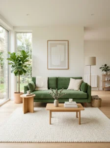 Green couch with cream rug bright living room design