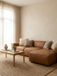 Brown couch with light walls creating a bright and balanced living room