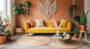 Boho living room with yellow sofa and layered textures