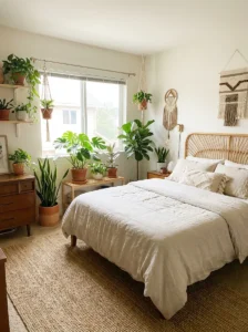 bedroom with indoor plants creating a fresh and natural green vibe