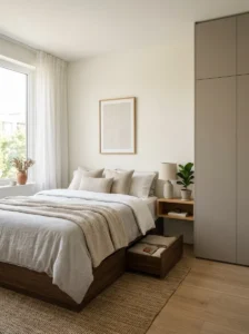 Men’s bedroom with hidden storage solutions for a clean and organized look