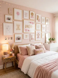 Pink gallery wall with framed artwork in a stylish bedroom
