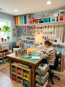 “Basement craft room with organized tools and bright workspace”
