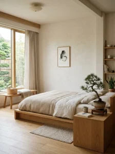 Japandi bedroom with indoor plant and natural minimal decor