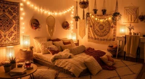 Soft lighting creating a cozy and relaxing boho bedroom