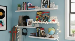 Floating shelves adding storage and style to a teen bedroom
