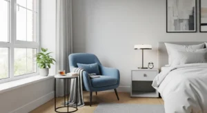 Blue accent chair adding a subtle pop of color to a bedroom