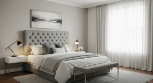 Grey headboard acting as a focal point in a bedroom