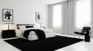 White bedroom with black accents creating modern contrast