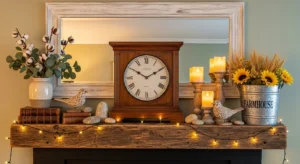 Rustic wood decor on fireplace mantle