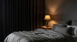 Dark curtains adding warmth and privacy to a bedroom