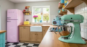 Colorful appliances adding a retro touch to a kitchen