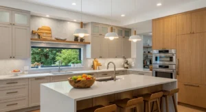 Neutral and wood combination creating a balanced open kitchen