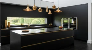 Black and gold accents adding luxury to a kitchen