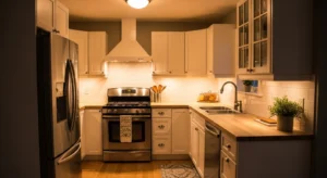 Soft lighting creating a cozy white kitchen