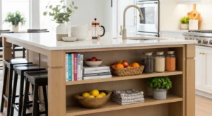 Open shelving in kitchen island adding style and storage