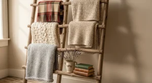 Decorative ladder in living room corner